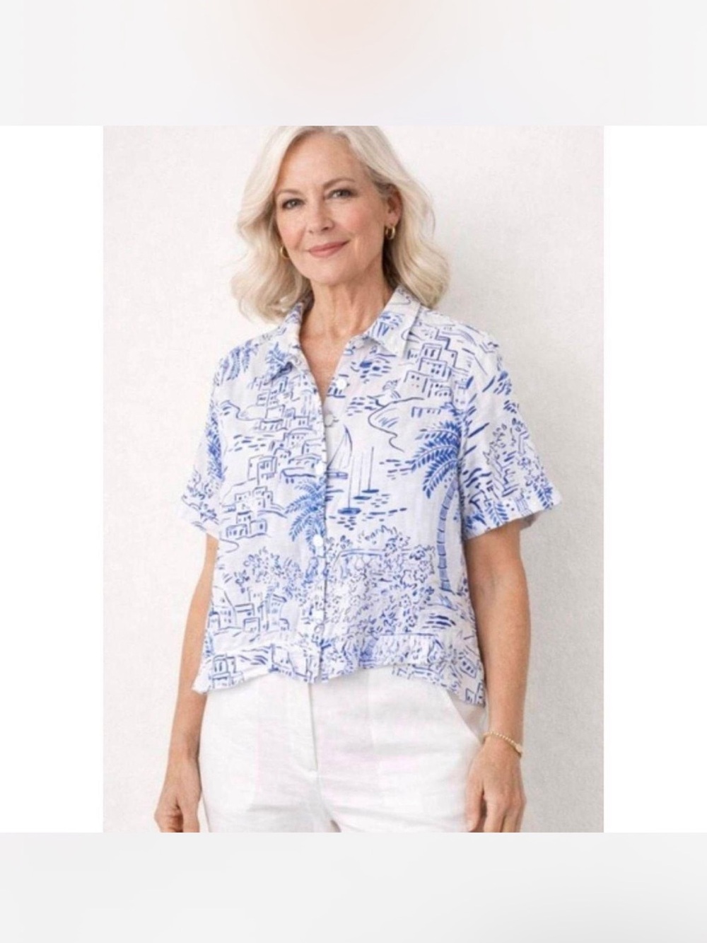 NWT Calypso St. Barth Blue Vacation Island Greece Palm Cropped Blouse in Size S